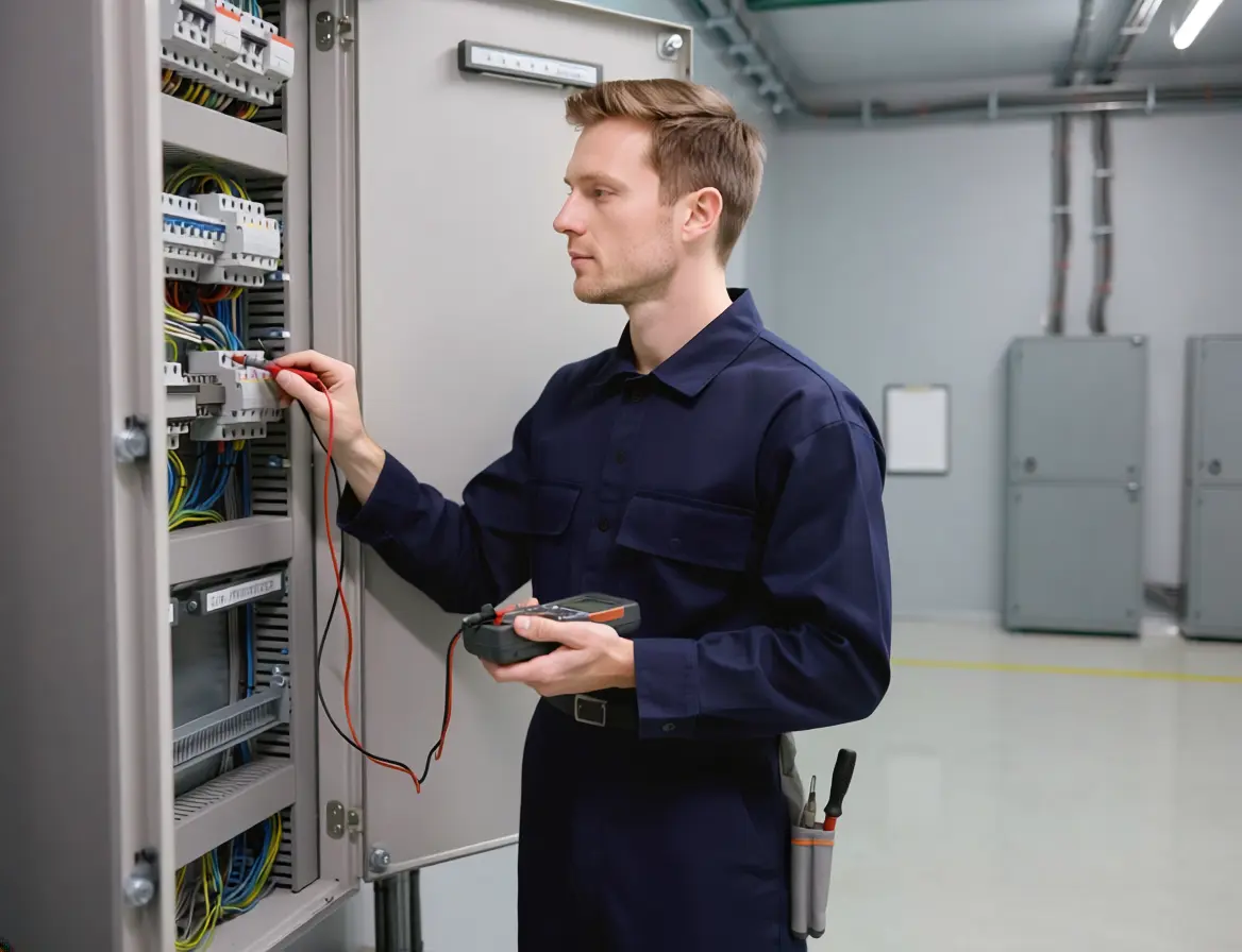 Commercial electrician troubleshooting a panel with a multimeter