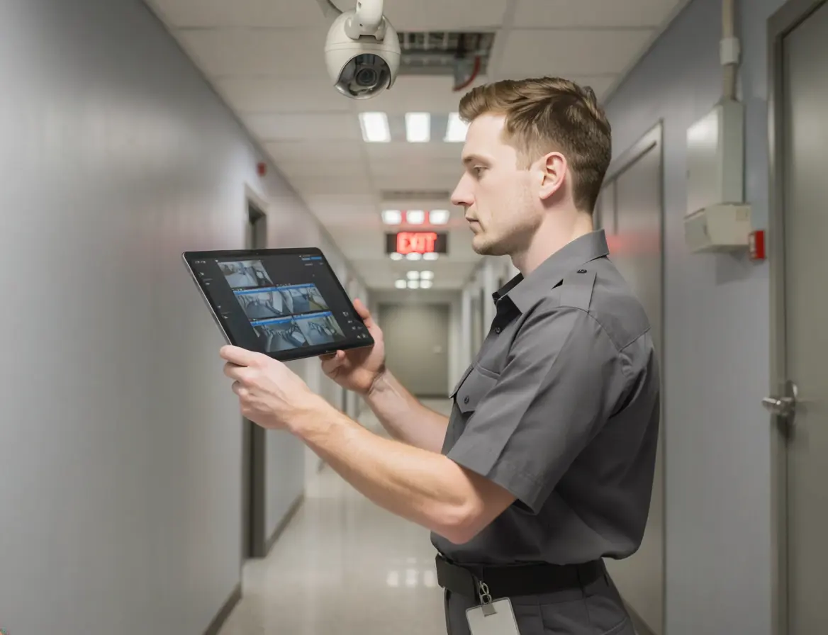 Security technician reviewing live CCTV feeds on a tablet inside a commercial building