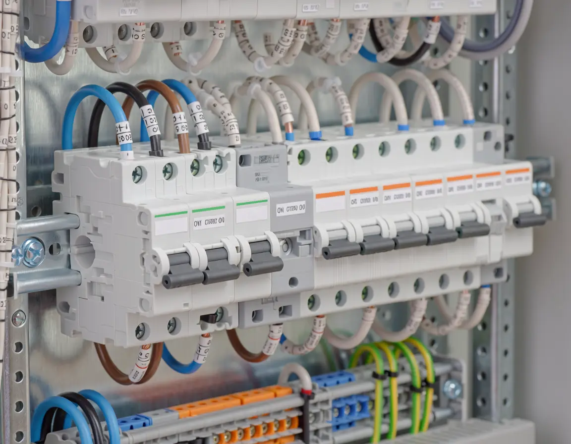 Labeled commercial circuit breakers and organized wiring inside a panel