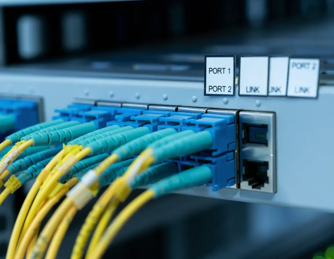 Fiber optic patch panel with organized cables in a San Diego commercial data room