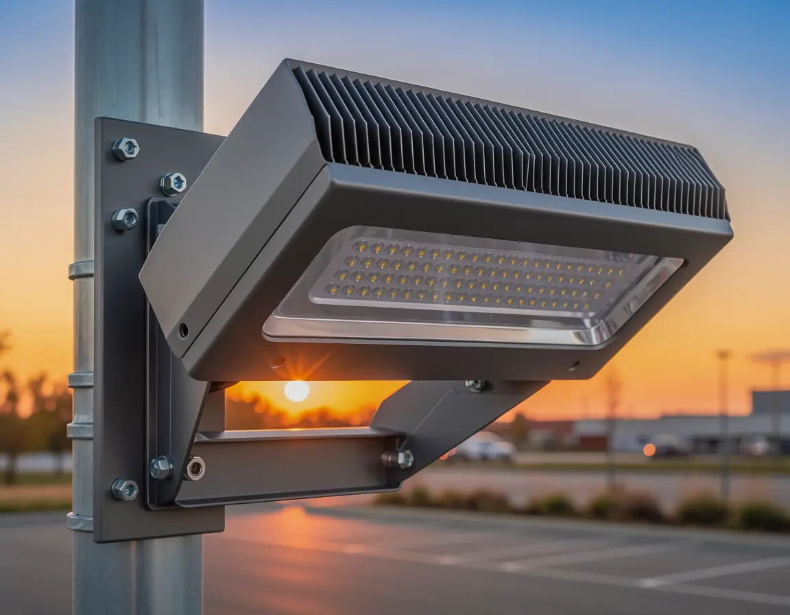 Close-up of a modern LED parking lot fixture mounted on a pole at dusk