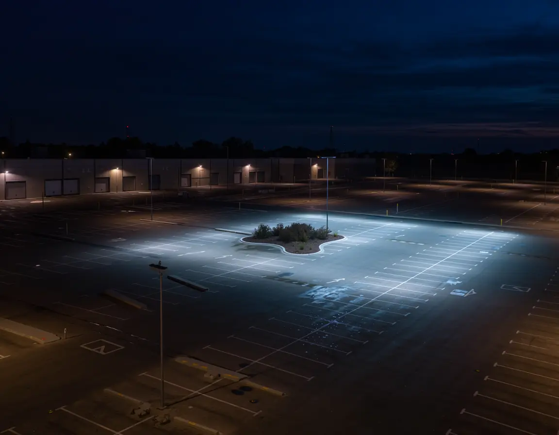 Commercial parking lot at night illuminated by upgraded LED pole lights