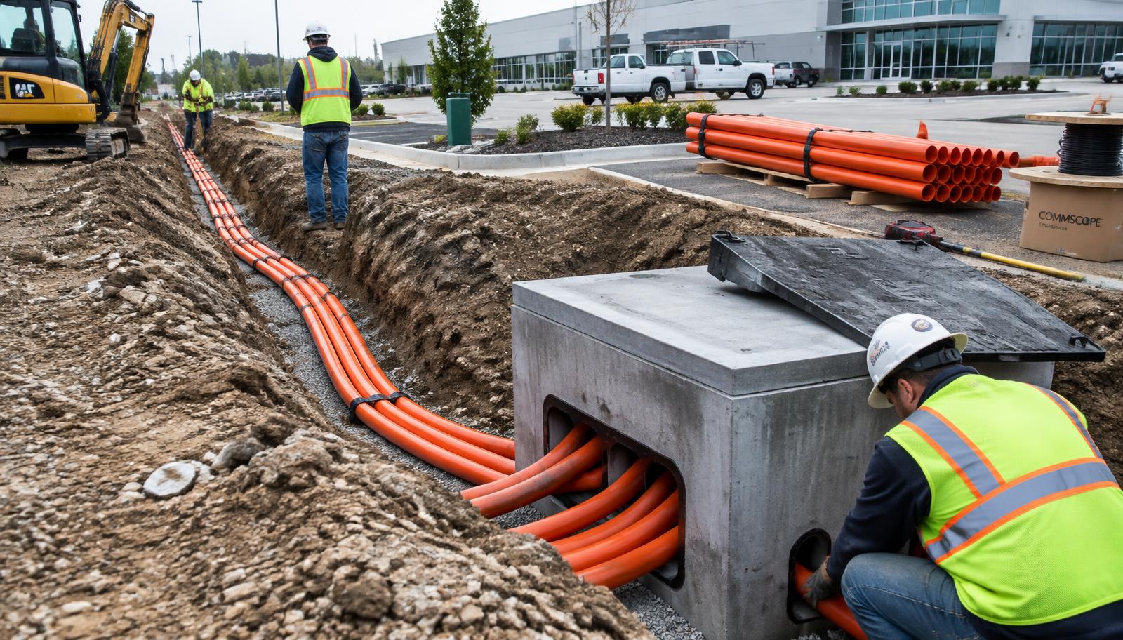 Underground fiber optic conduit being installed in a trench at a commercial site