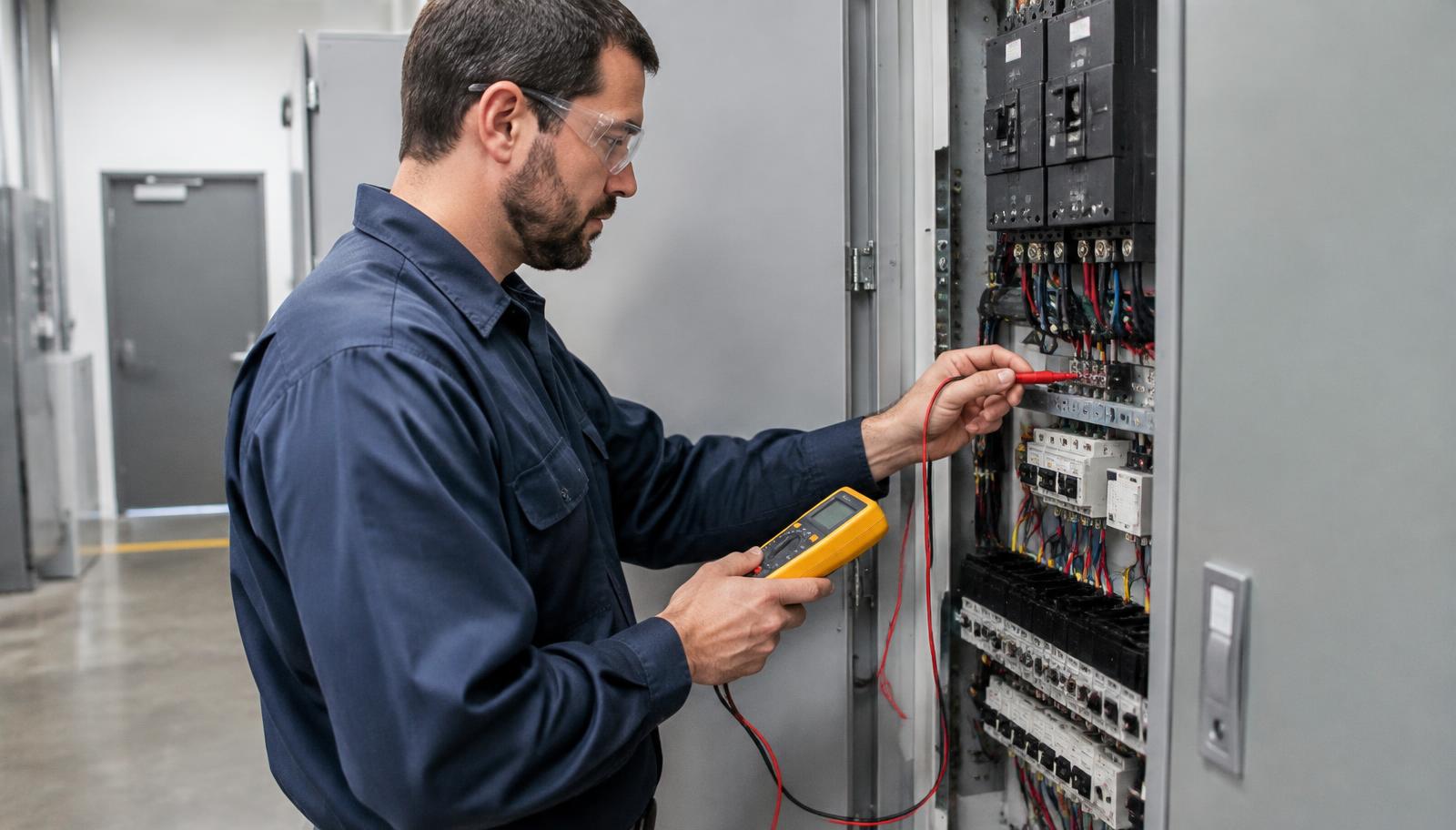 Electrician using a multimeter to inspect commercial electrical equipment