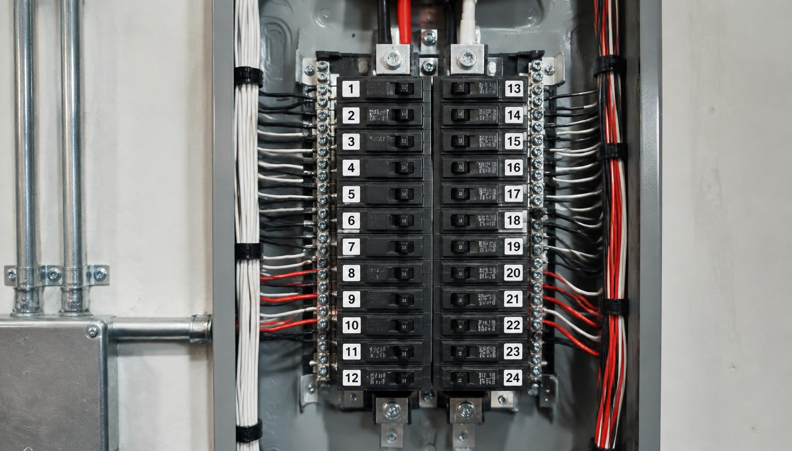Commercial electrical panel with neatly labeled breakers and organized wiring