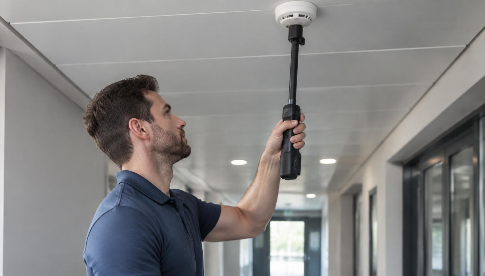 Technician testing a ceiling-mounted smoke detector in a commercial hallway