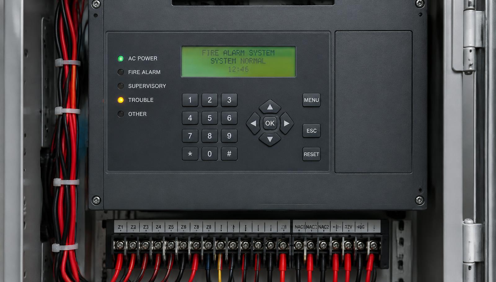 Commercial fire alarm control panel with a trouble indicator illuminated