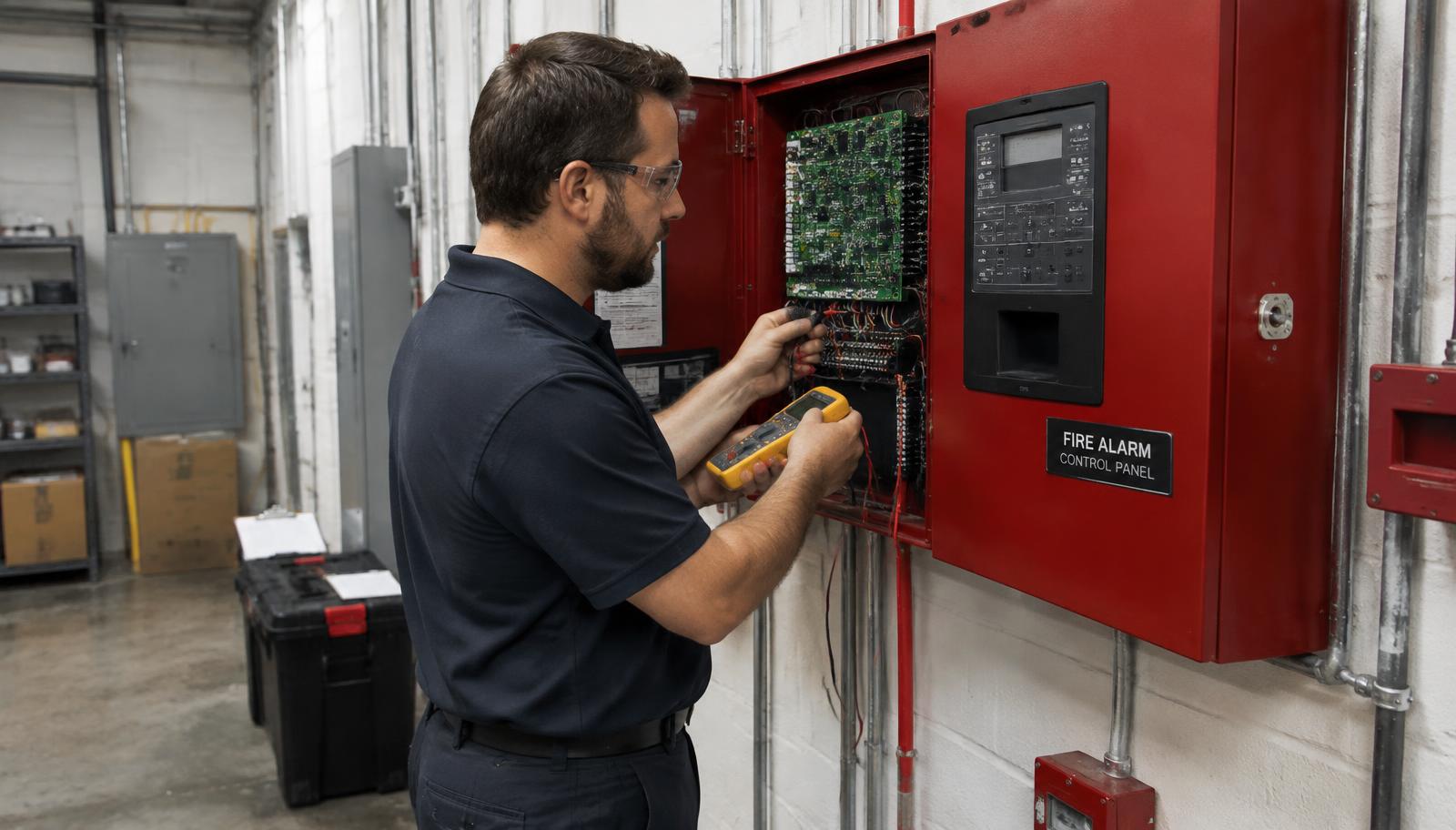 Technician using a multimeter to troubleshoot fire alarm wiring