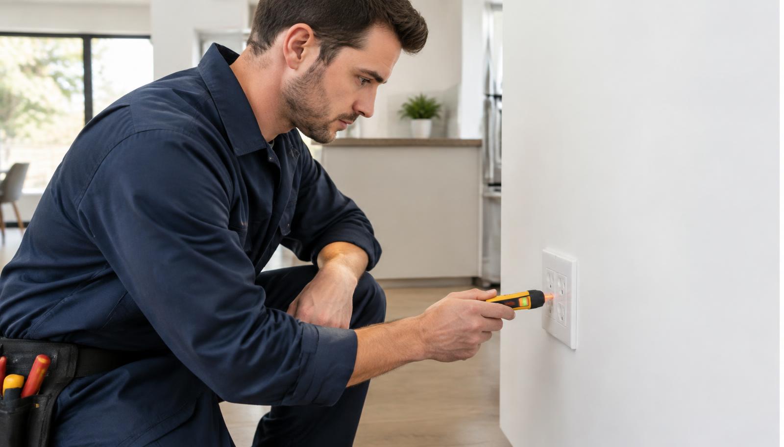 Electrician testing a household outlet with a voltage tester