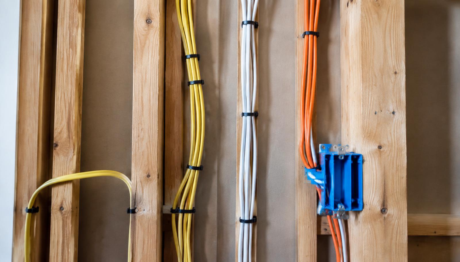 Neatly organized residential wiring inside an open wall during a remodel